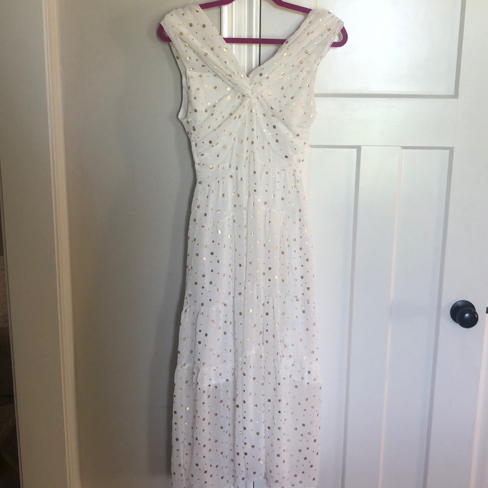 White and gold polka dot dress